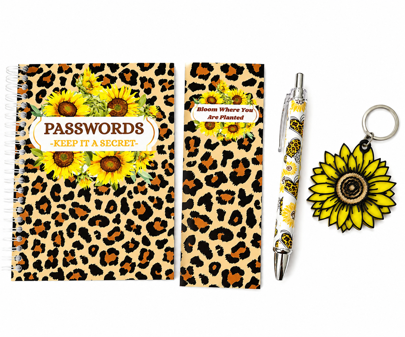 A6 Password Book, Matching Bookmark, Pen & 3D printed key chain Gift set Sunflower & Leopard Print